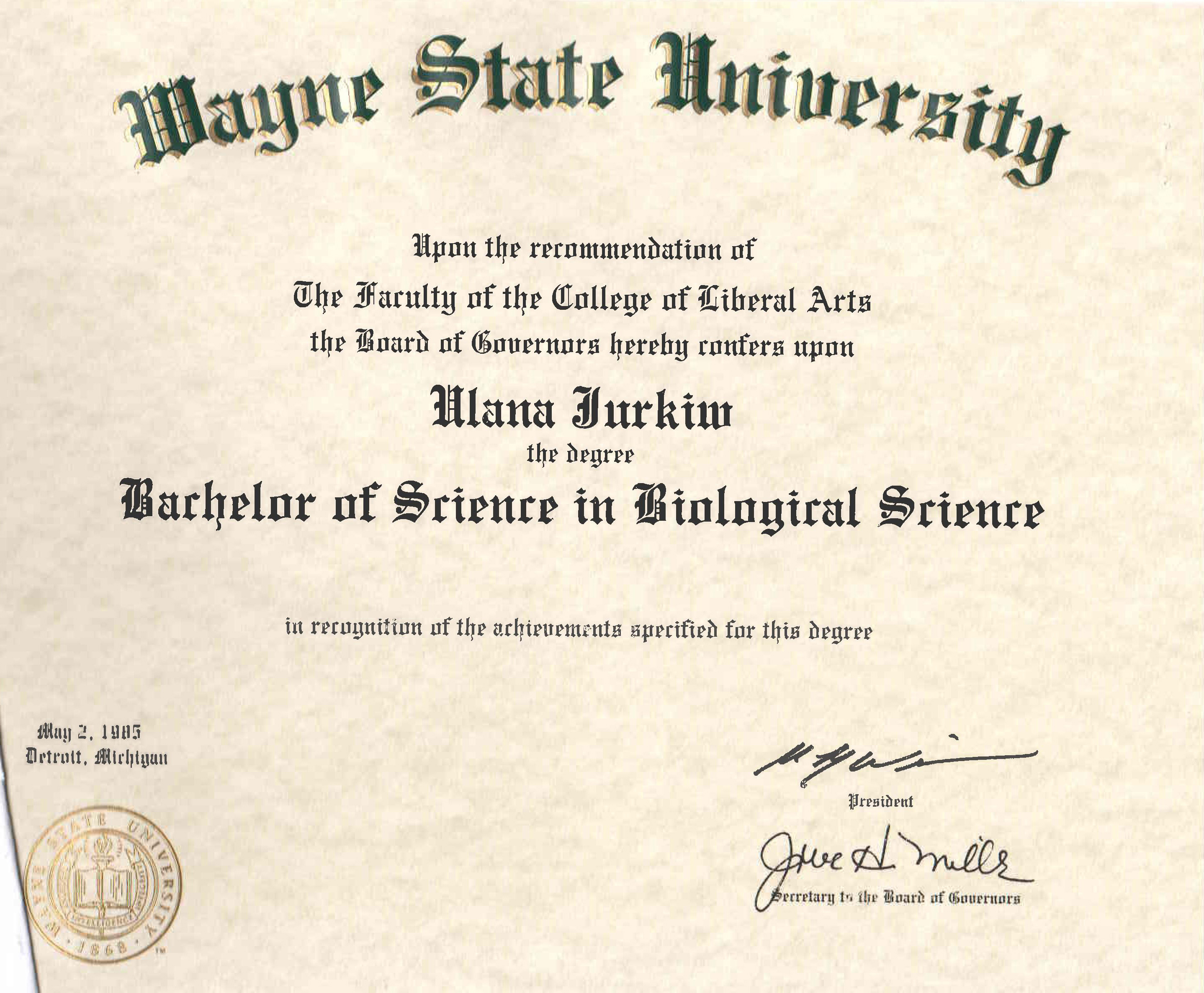 Диплом бакалавра природничих наук в галузі біології Університету Вейна
